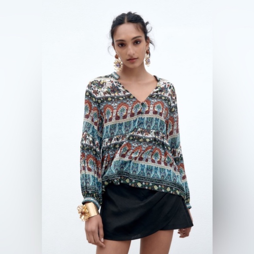 Zara boho ethnic print‎ peasant blouse Small folk Global Moroccan Indie